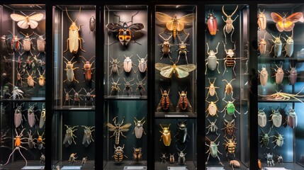 Intricate Display of Rare Insect Collection in Glass Cases for Entomology and Hobbyists