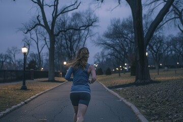 Active young woman wearing athletic attire jogging through peaceful park in the early morning hours