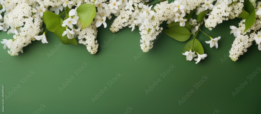 Aufkleber creative flat lay composition with blooming white lilac on a green background spring concept nature 