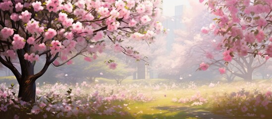 Beautiful vibrant flowers in a town Park. Creative banner. Copyspace image