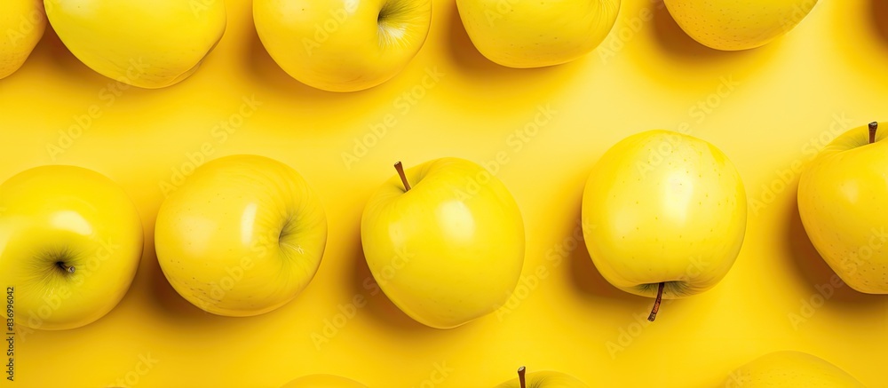 Poster seamless regular pattern with fresh apples on a yellow background hard light minimal summer composit
