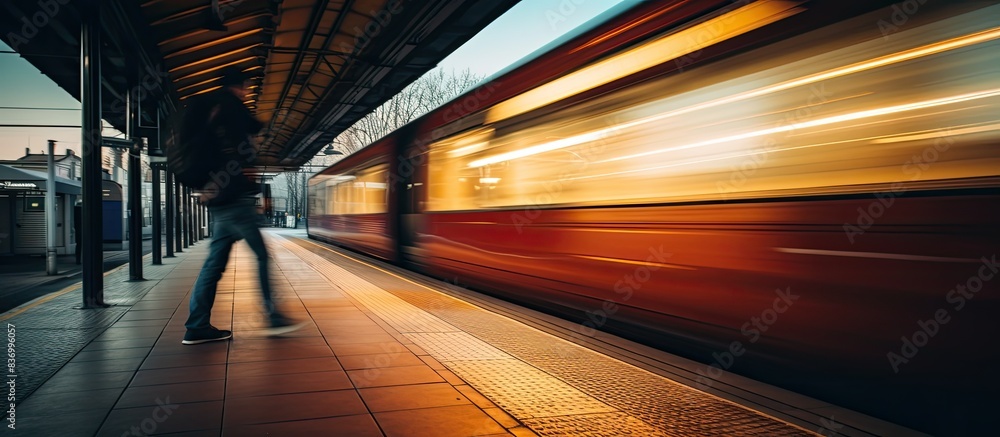 Aufkleber a scene where a suburban train traveling in high speed providing blur motion effect with selective focus on the subject unidentified person seen footboarding. Creative banner. Copyspace image