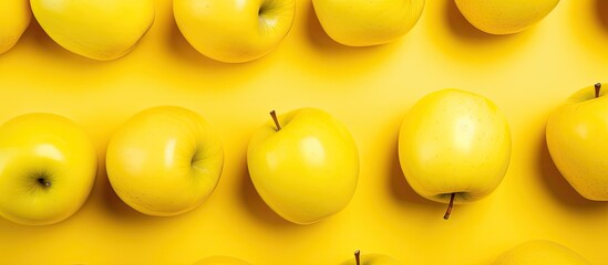 Seamless regular pattern with fresh apples on a yellow background Hard light Minimal summer composition. Creative banner. Copyspace image