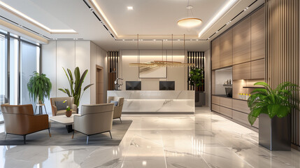 Fototapeta premium Modern Office Reception Area with Comfortable Seating