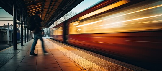 a scene where a suburban train traveling in high speed providing blur motion effect with selective focus on the subject unidentified person seen footboarding. Creative banner. Copyspace image
