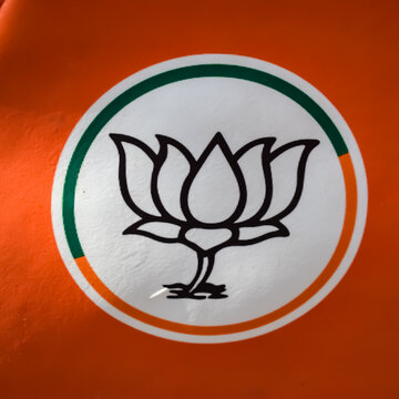 New Delhi, India - May 23 2024 - Bharatiya Janata Party Logo of Indian political party, BJP Bhartiya Janta Party Symbol during PM road show in Delhi, India, BJP Sign and Symbol