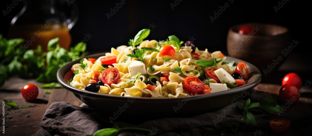 Poster tasty pasta salad with tomato cucumber and olives on a dark stone background. creative banner. copys