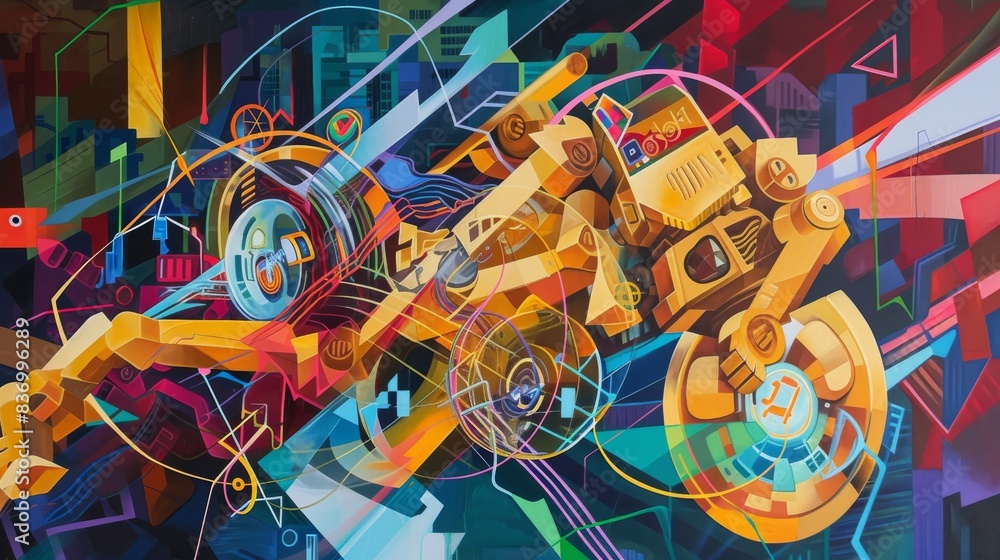 Poster a painting depicting the abstract dynamics of stock exchange trading through graphic elements and sy