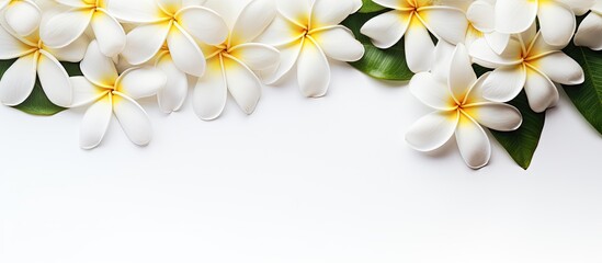 Set of old white Plumeria flower isolated on white background Natural. Creative banner. Copyspace image
