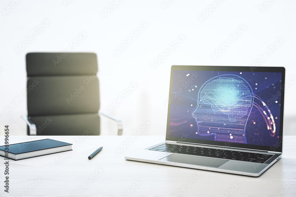 Poster modern computer monitor with creative artificial intelligence symbol. neural networks and machine le