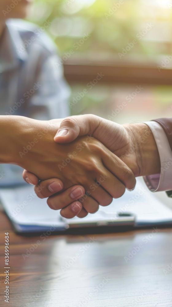 Poster two people shaking hands in front of a table with a contract on it