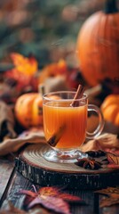 A glass of hot cider with a cinnamon stick, on a rustic table generated by AI