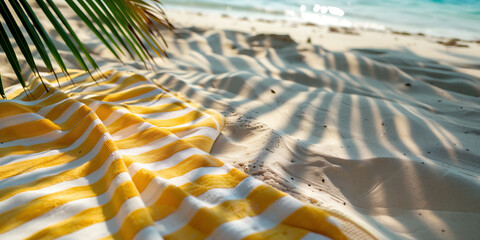 Yellow striped exotic tropical sandy beach towel summer holiday trip, travel adventure background with palm leaf, sunshine shadows. © Denis