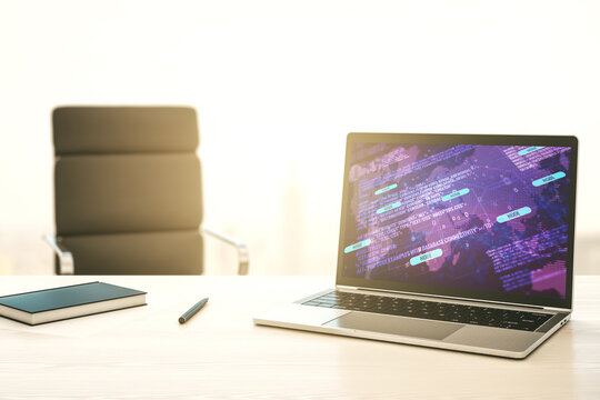 Modern computer display with abstract programming language hologram and world map, artificial intelligence and neural networks concept. 3D Rendering