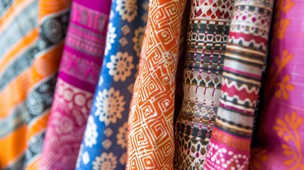 Colorful Traditional Textiles with Intricate Patterns in a Vibrant Display