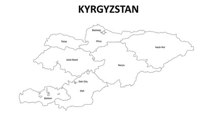 Kyrgyzstan Map. Outline state map of KYRGYZSTAN. Political map of KYRGYZSTAN with a black and white design.