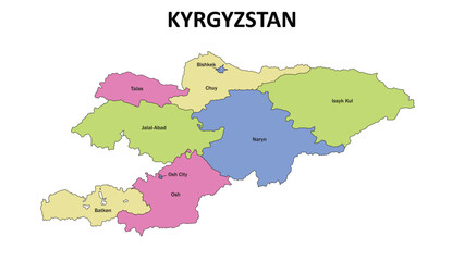 Obraz premium Kyrgyzstan Map. State and district map of Kyrgyzstan. Detailed colourful map of Kyrgyzstan.