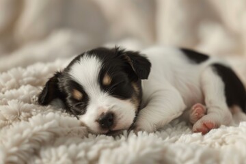 Adorable black and white puppy enjoys a nap on a cozy, fluffy blanket