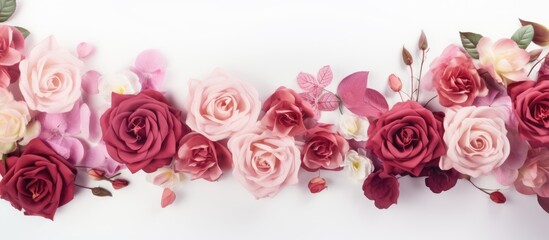 rose flowers and leaves on white background. Creative banner. Copyspace image