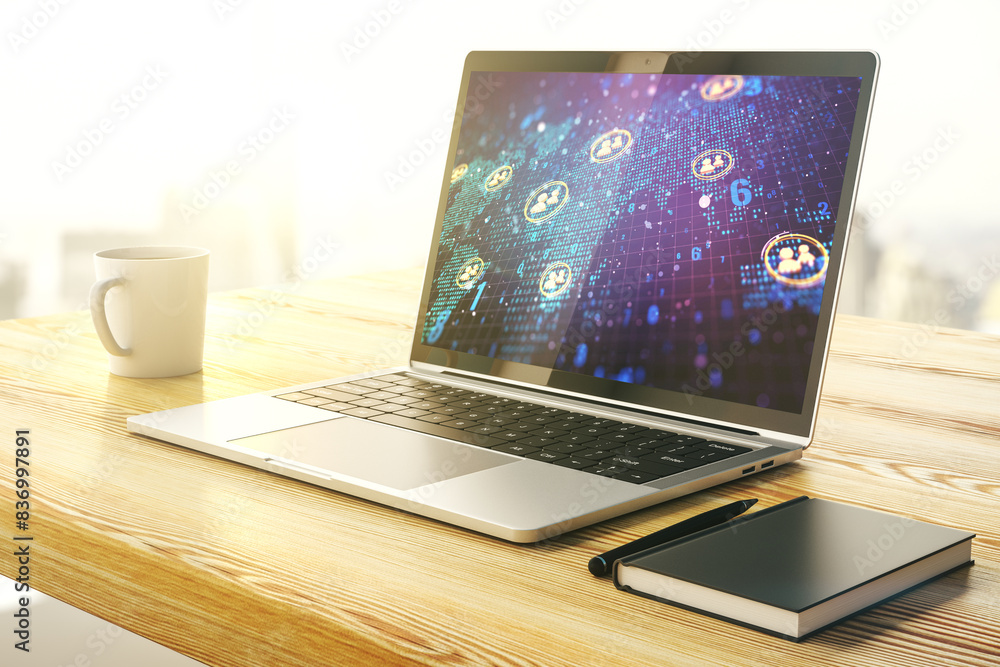 Aufkleber Modern computer screen with social network icons concept and world map. Networking concept. 3D Rendering