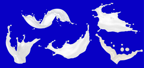 3d rendering Set of Milk splashes isolated on a transparent background, twisted creamy Yogurt or white paint wave swirl splashing high quality realistic vector illustration