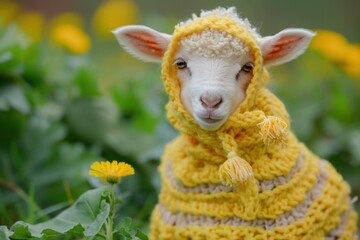 Fototapeta premium Cute baby sheep wearing a yellow knitted sweater poses among vibrant yellow flowers