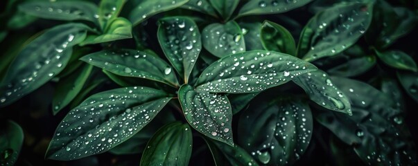 Fototapeta premium Close-up shot of vibrant green leaves covered with fresh raindrops. The image captures the natural beauty and freshness of foliage after rainfall.