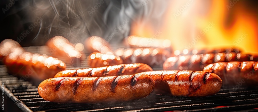 Poster grilling sausages on barbecue grill selective focus. creative banner. copyspace image