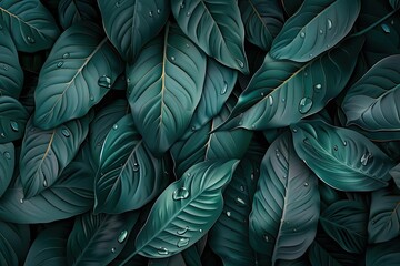 Obraz premium A close-up view of lush green leaves with water droplets, showcasing detailed textures and vibrant colors--perfect for nature and botanical themes.