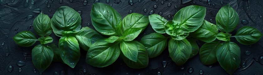 Fototapeta premium Fresh green basil leaves arranged on a black slate background with water droplets, highlighting the vivid color and texture of the leaves.