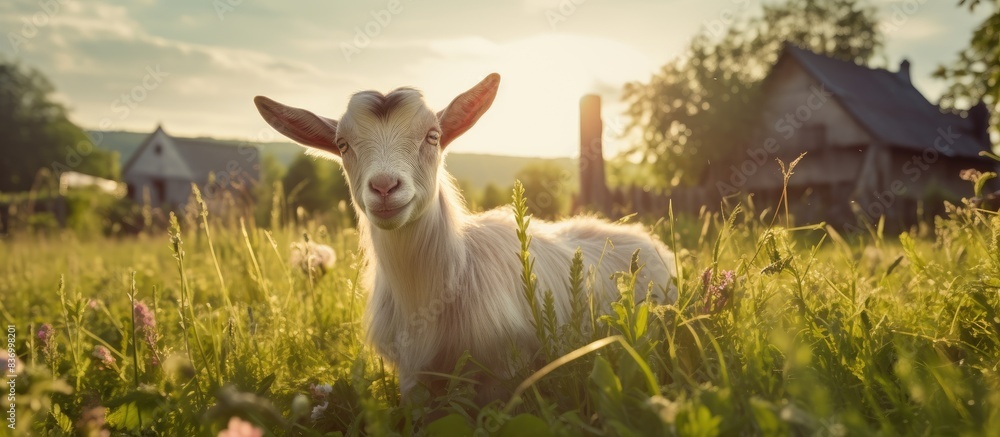 Wall mural portrait of lovely pregnant goat is scratching on green spring meadow field at village countryside.  - Wall murals