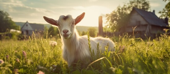 Fototapeta premium Portrait of lovely pregnant goat is scratching on green spring meadow field at village countryside. Creative banner. Copyspace image
