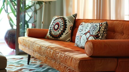 Stylish Mid-Century Modern Living Room with Vibrant Orange Sofa and Decorative Pillows