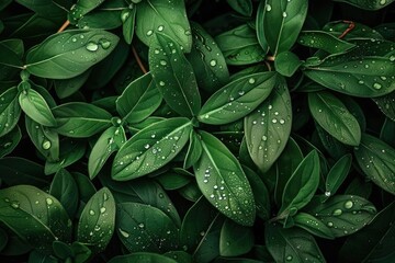 Fototapeta premium Close-up of lush green leaves with dew drops, showcasing natural beauty and freshness of foliage.