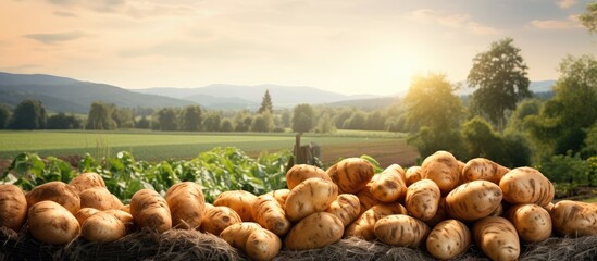 Potatoes in ground Autumn harvest Root vegetables on market Large potatoes. Creative banner. Copyspace image