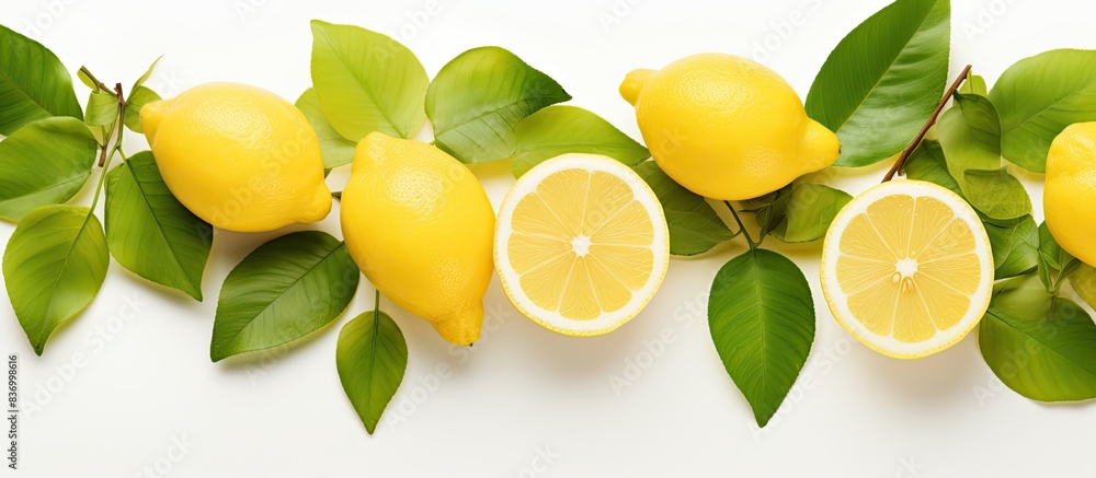 Poster lemon with green leaf fruit with leaf isolate lemon whole half slice leaves on white lemon slices wi
