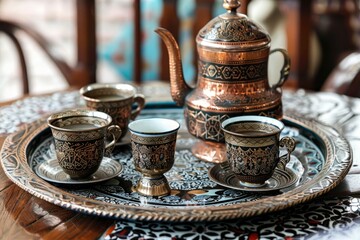 A traditional Turkish coffee set with a copper pot and small cups generated by AI