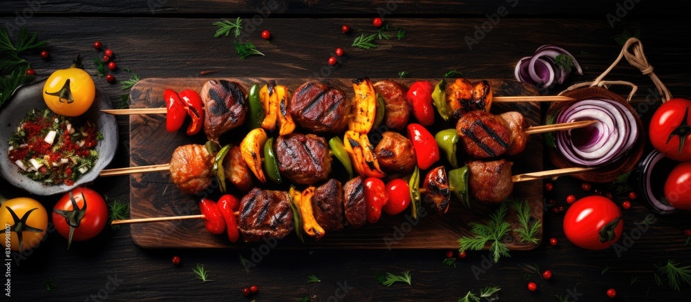Aufkleber assorted delicious grilled meat and skewer with vegetable and herbs on rustic table. creative banner