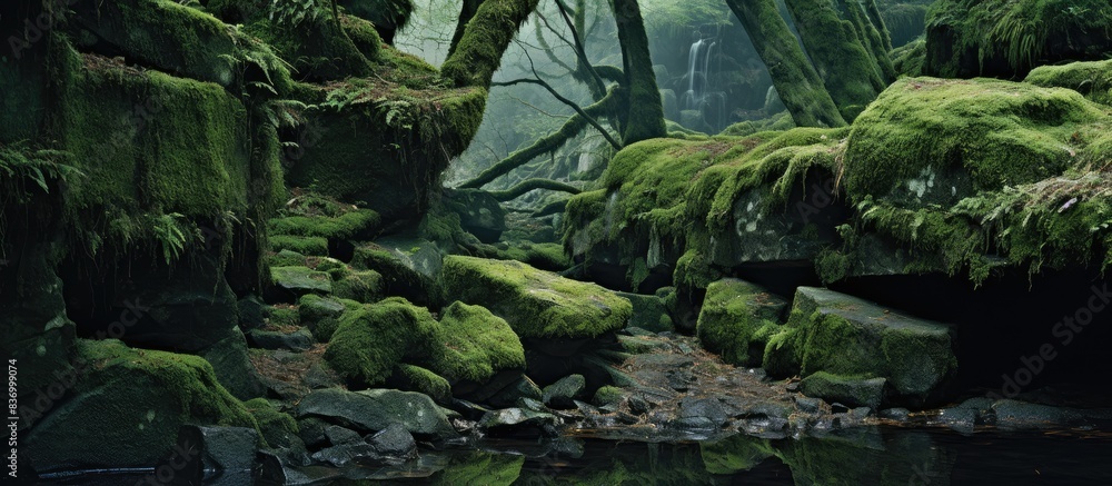 Poster mossy stream surrounded by tree roots. creative banner. copyspace image