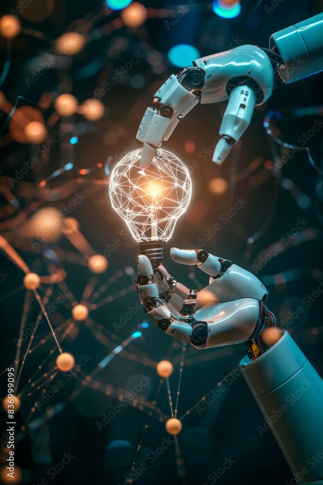 Poster ai, machine learning, robot and human hands touching on a big data network