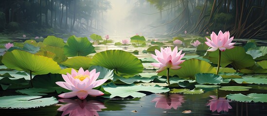 beautiful pink lotus flowers in the pond surrounded by big green leaves. Creative banner. Copyspace image