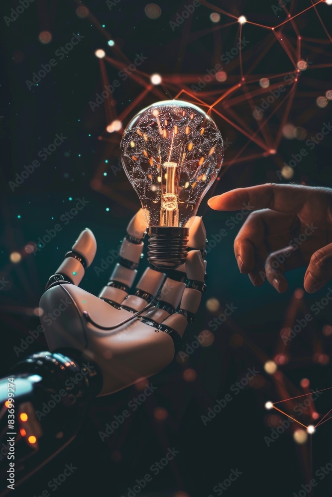 Aufkleber ai, machine learning, robot and human hands touching on a big data network