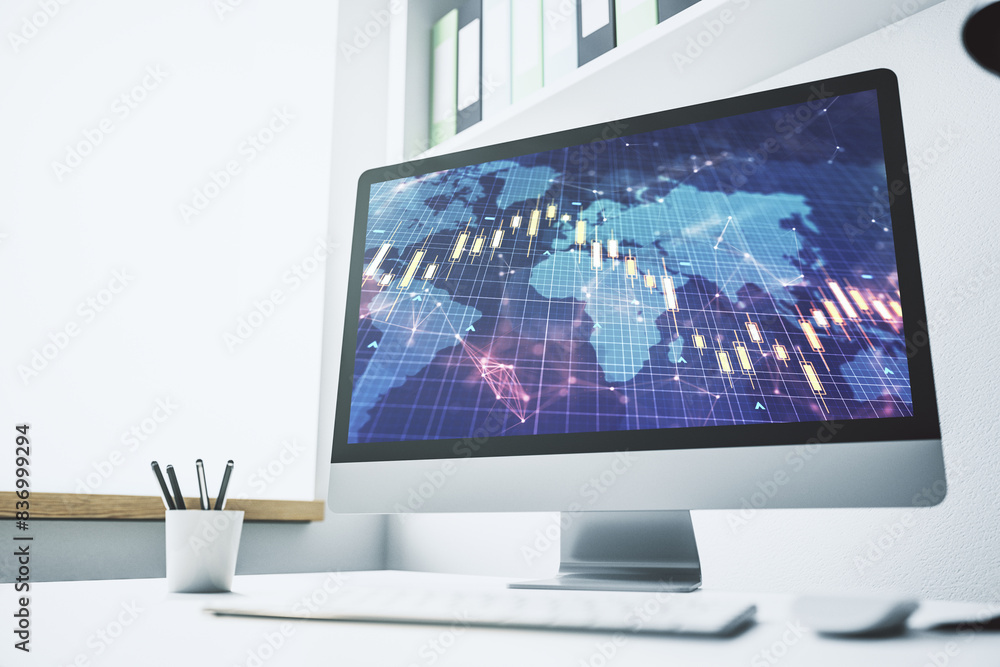 Poster Modern computer monitor with abstract creative financial chart with world map, research and strategy concept. 3D Rendering