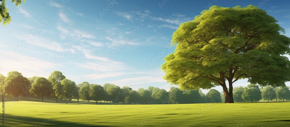 Poster lawn with bright green grass in a park with a large tree and sunlight. creative banner. copyspace im