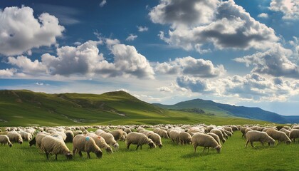 Obraz premium a green meadow and a flock of sheep