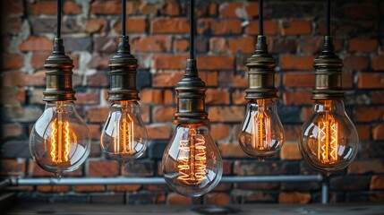 Obraz premium Decorative antique edison style light bulbs against brick wall background
