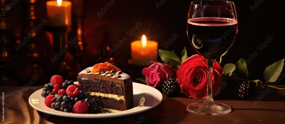Poster sweet meal for two red wine and cake with icing and fruits. creative banner. copyspace image