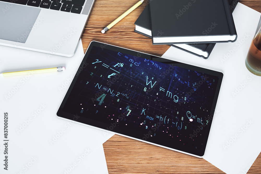 Poster creative scientific formula concept on modern digital tablet screen. top view. 3d rendering