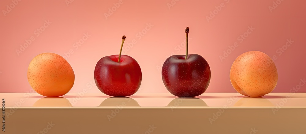 Poster one peach and three cherries. creative banner. copyspace image
