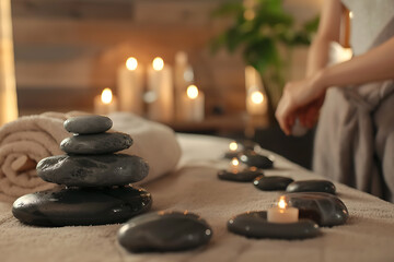 A serene spa setting featuring a person receiving a relaxing stone therapy massage with smooth, heated stones carefully placed along their back to relieve tension and promote wellness.